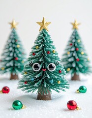 A christmas tree with eyes in chibi style on white background with copy space, christmas card