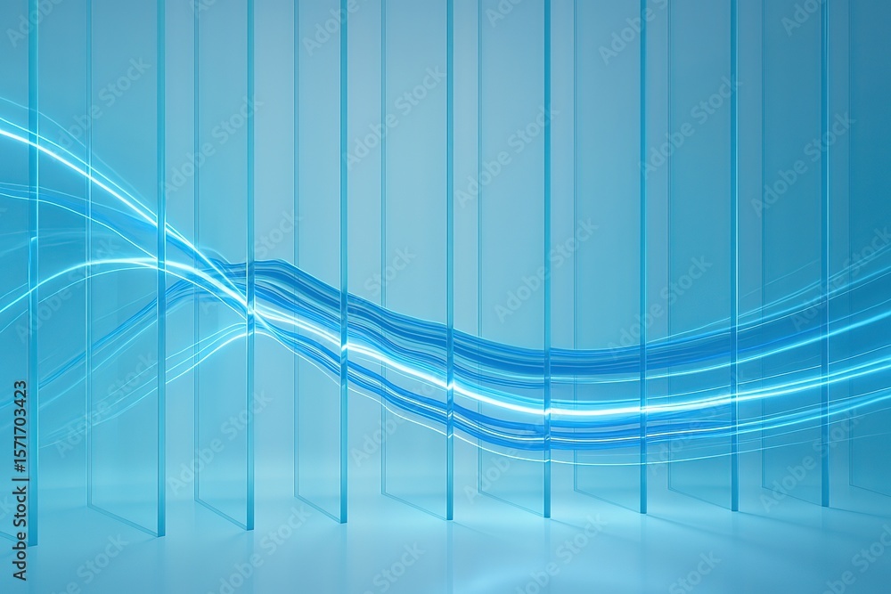 Poster abstract blue light streaks flowing through vertical glass panels creating a futuristic and dynamic 