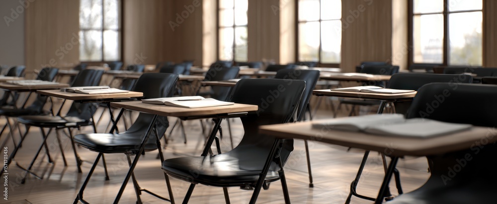 Poster the modern classroom setup with empty desks and chairs in natural light.