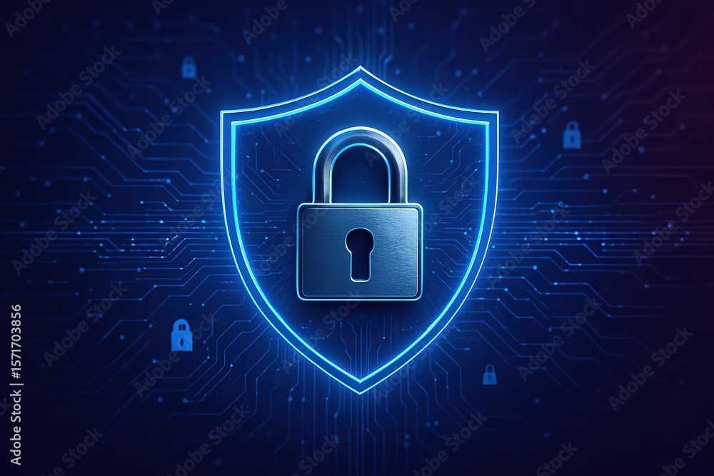 Poster digital shield and padlock symbolizing cybersecurity and data protection on a circuit board backgrou