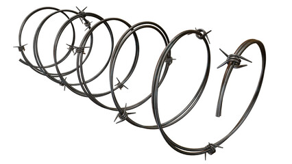 Twisted strands of barbed wire stand out against a transparent background, conveying danger and...