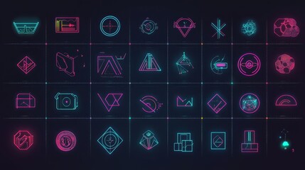 A grid of abstract icons that represent integration, customization and modularity. Geometric and lineart style of icons -
