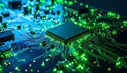 Close-up circuit board with glowing green traces