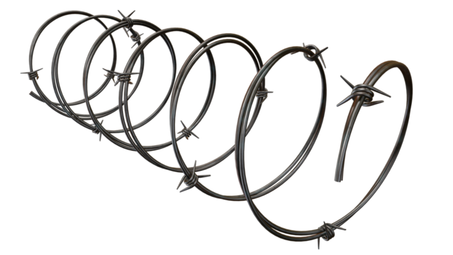 Twisted strands of barbed wire stand out against a transparent background, conveying danger and restriction in a minimalist style.