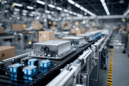 Modern intelligent factory production line operates efficiently with automated machinery and streamlined processes for packaging and assembly tasks