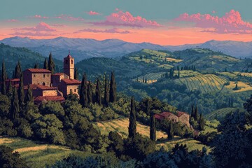 Naklejka premium Stunning Tuscan landscape with a charming village nestled among rolling hills during sunset hours