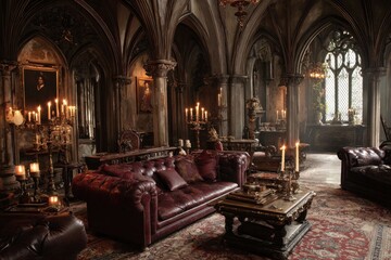 Fototapeta premium Luxurious Gothic living room adorned with elaborate furnishings and ambient candlelight creating an enchanting atmosphere in an opulent estate