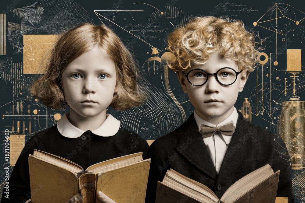 Poster children exploring knowledge through books in a creative learning environment with science-themed ba
