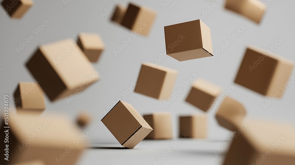 Poster cardboard boxes are floating mysteriously in a clean, simple background creating a modern abstract a