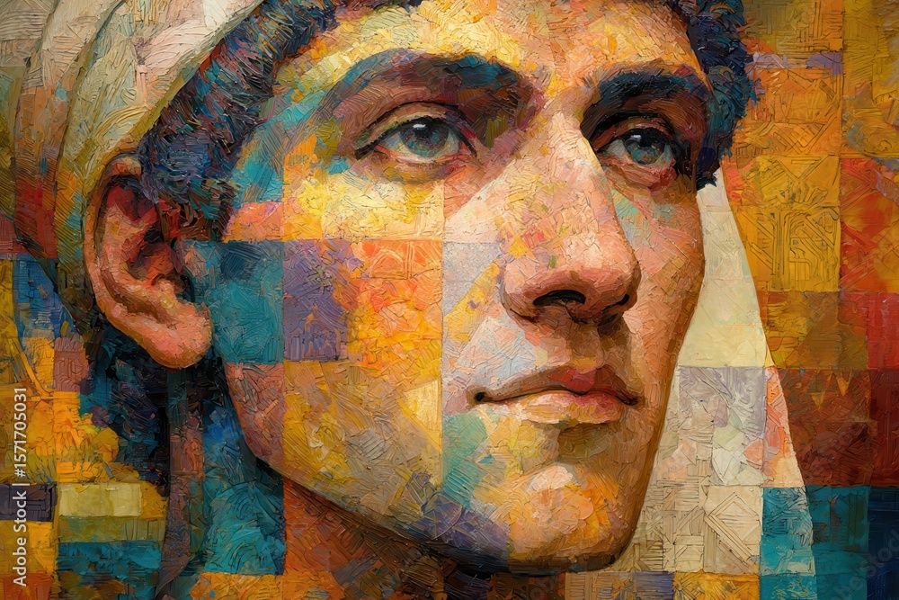 Poster colorful portrait of joseph showcasing vibrant hues and intricate patterns while reflecting emotion 