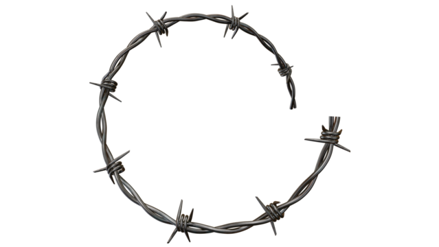 Barbed wire arc casts a sharp shadow against a stark black backdrop, emphasizing its metallic texture and raw industrial feel, transparent background