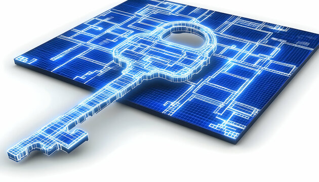 A neon-blue key outline on a circuit board glows, symbolizing security and technology on a white surface