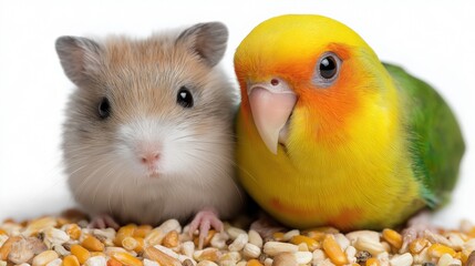 Cute hamster and colorful parrot together on a pile of seeds
