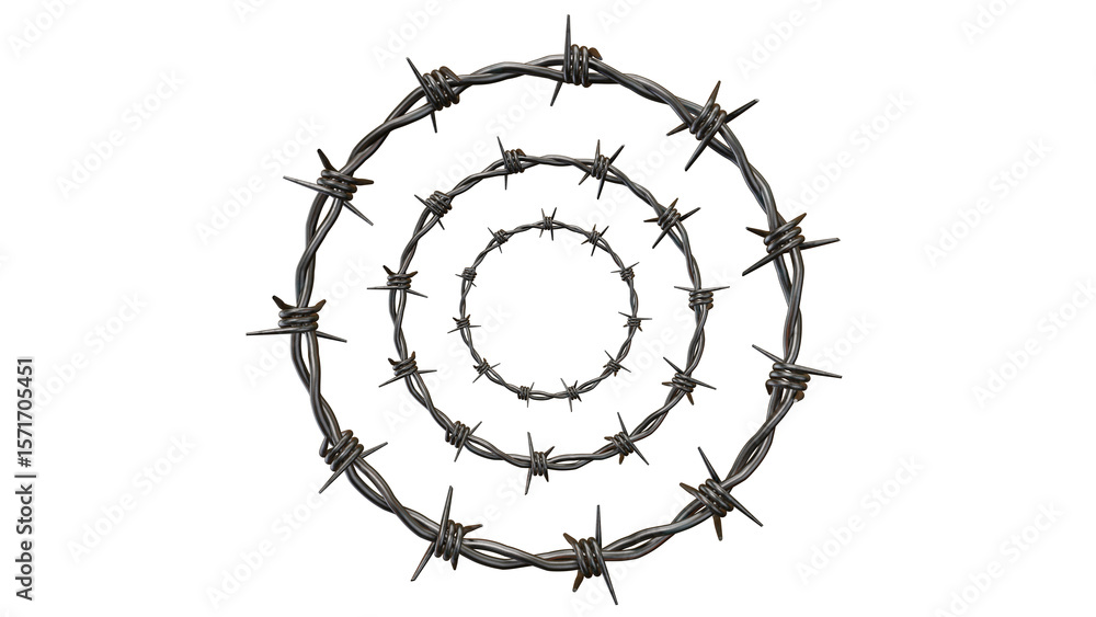 Poster multiple barbed wire rings form a unique pattern against a transparent background, creating a sense 