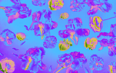 Naklejka premium Vibrant digital artwork of blooming flowers and leaves in neon colors on a violet background. Ideal for textile, wallpaper, branding, or creative design projects