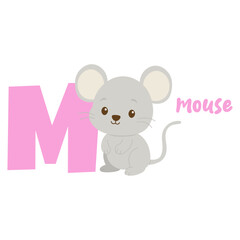 Mouse letter M alphabet cute animal illustration. Cartoon mouse learning english alphabet. Nursery wall art mouse.