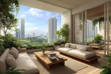 Naklejka premium Luxurious penthouse condominium interior design with spacious balcony and city skyline view featuring modern furnishings and abundant greenery