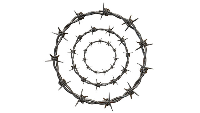 Multiple barbed wire rings form a unique pattern against a transparent background, creating a sense of confinement and texture.