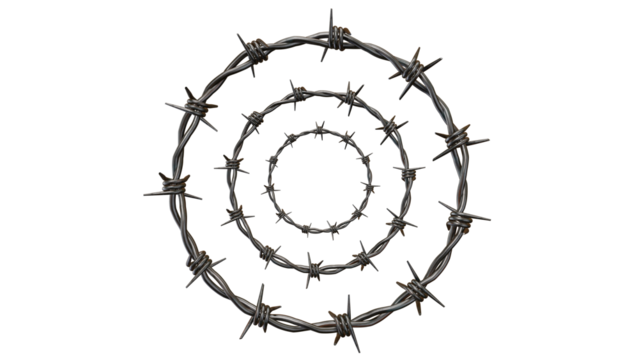 Multiple barbed wire rings form a unique pattern against a transparent background, creating a sense of confinement and texture. - Powered by Adobe