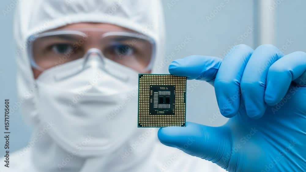 Poster a scientist in a cleanroom holds a microchip, showcasing the cuttingedge technology and precision of