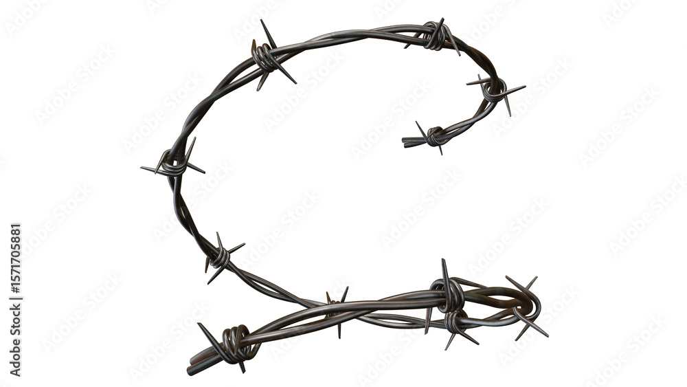 Poster twisted barbed wire on a transparent background, a metal fencing element with sharp spikes and a rus