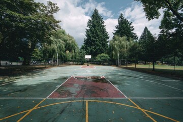 Panoramic view of a secluded basketball court surrounded by trees and greenery on a partly cloudy day with a hint of moisture on the surface