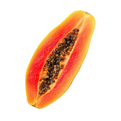 A fresh, juicy half of a papaya with seeds, displaying its vibrant colors and textures.