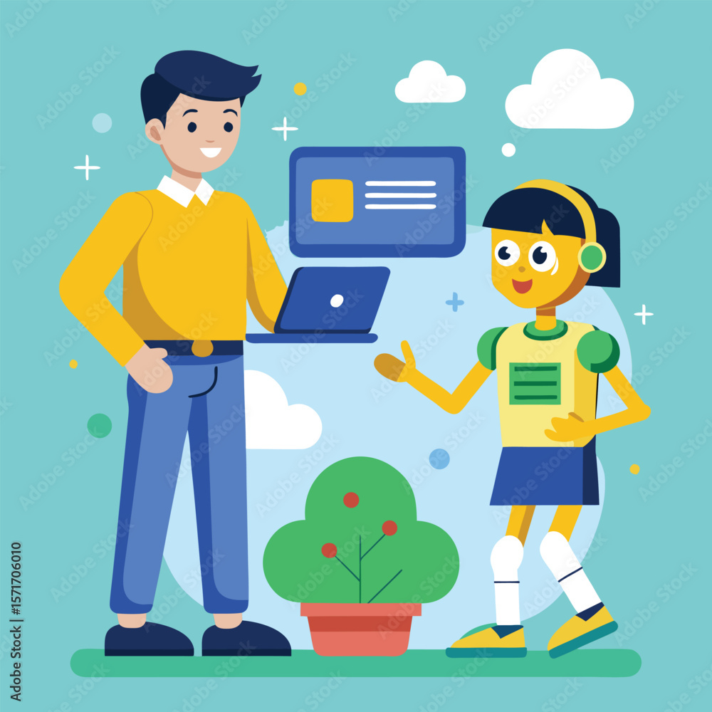 Aufkleber illustration depicting a man and a robot collaborating with laptop and cloud computing elements in a