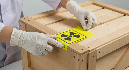 A person is placing a radiation warning label on a wooden crate. 