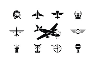 Aviation icons silhouette collection airplane aircraft