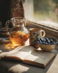 Cozy morning with herbal tea, fresh blueberries, and open journal by the window