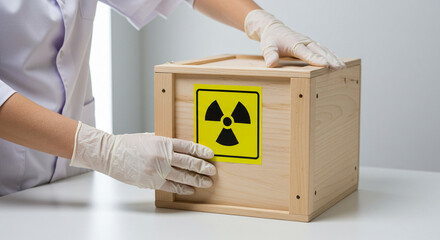 Scientist handling a wooden box with a radioactive sign. 