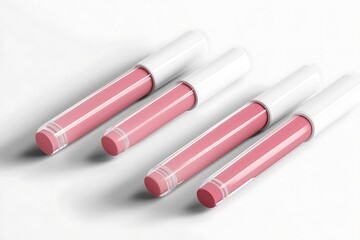 Four tubes of pink lip gloss are displayed against a clean white background