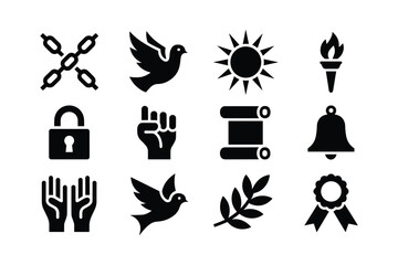 Broken chains flying dove sun torch locked padlock raised fist scroll ringing bell open hands olive branch rosette