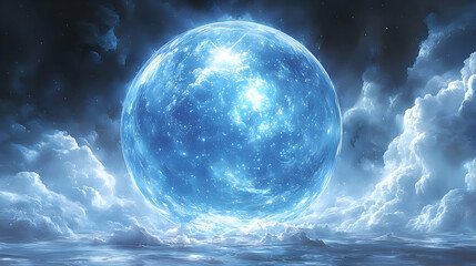 Vast, luminous sphere amidst dramatic clouds