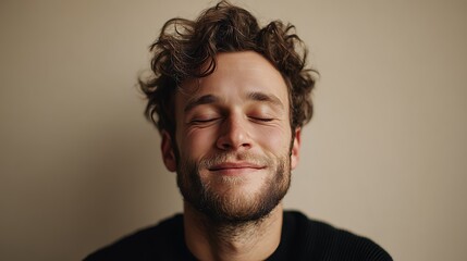 Obraz premium Young man with curly hair smiling peacefully, eyes closed, displaying blissful tranquility against a neutral background.