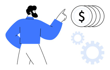 Business professional pointing at a stack of coins and gears, symbolizing money, earning, and workflow. Ideal for business strategy, finance, investment, teamwork, innovation technology simple flat