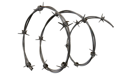 Metallic barbed wire coils elegantly on a stark black backdrop, creating a contrast perfect for...