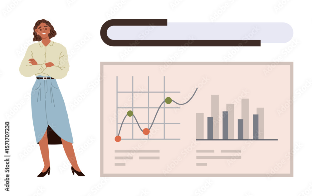 Aufkleber woman stands confidently beside a large data chart with bar graphs and line plots showcasing insight