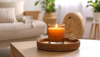Cozy candle on a wicker tray