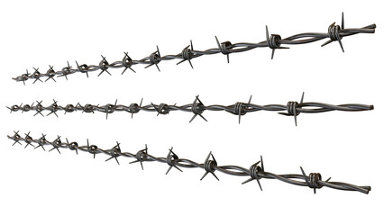 Barbed wire strands displayed against a stark black backdrop, casting shadows and highlighting the...