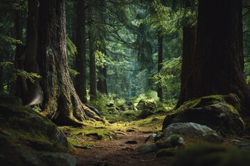 Naklejka premium Explore a serene fantasy forest landscape filled with dense greenery, towering trees, and soft, diffused light filtering through the foliage during a tranquil afternoon