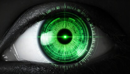 Close-up eye with green tech interface
