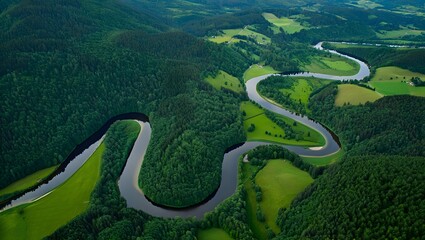 Fototapeta premium winding river through green landscape.
