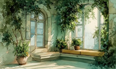 Fototapeta premium Watercolor depiction of a light-filled, vine-covered interior space