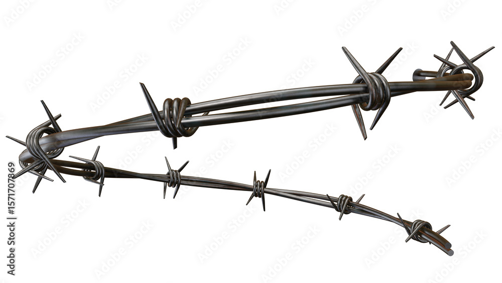 Poster barbed wire strand presents a stark barrier, with sharp prongs against a solid transparent backgroun