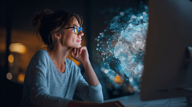 Digital technology, internet network connection, global business concept. Woman using modern computer surfing the internet, data exchange, digital marleting, innovative technology background.