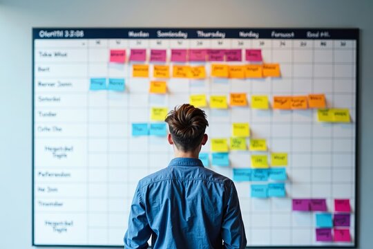 Person contemplatively stands before large Gantt chart composed of vibrant post-it notes with tasks and deadlines depicted.