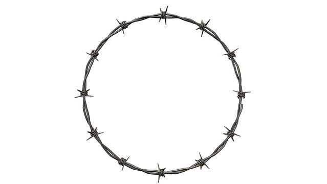 A circular arrangement of barbed wire on a transparent background, creating a raw, industrial, edgy element.