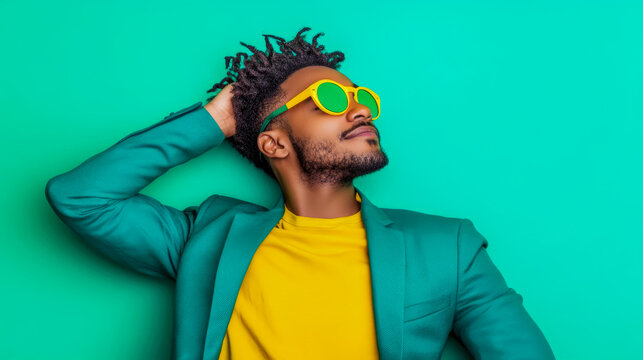 A vibrant portrait of a confident young man with dreadlocks, wearing bold yellow and teal attire with striking green sunglasses, exuding a cool and trendy persona for fashion promotion.